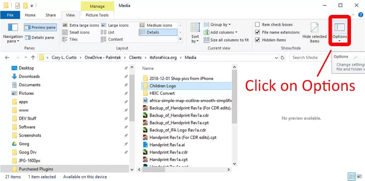Click the view tab, open options at the right.