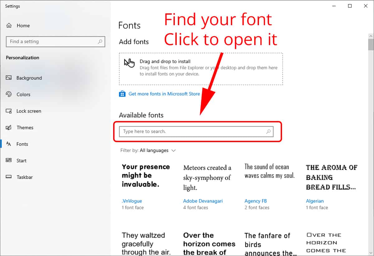 2. Main Fonts Settings dialog Windows 10