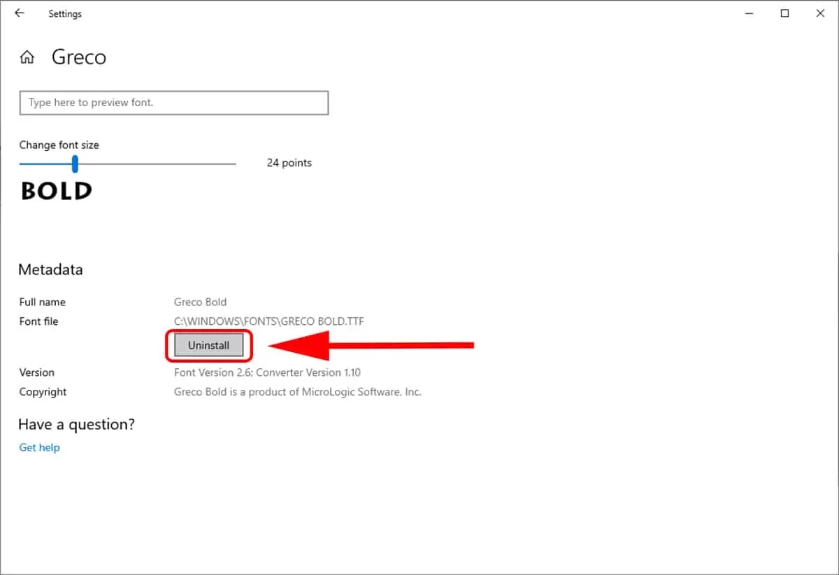 3. Uninstall font dialog Windows 10