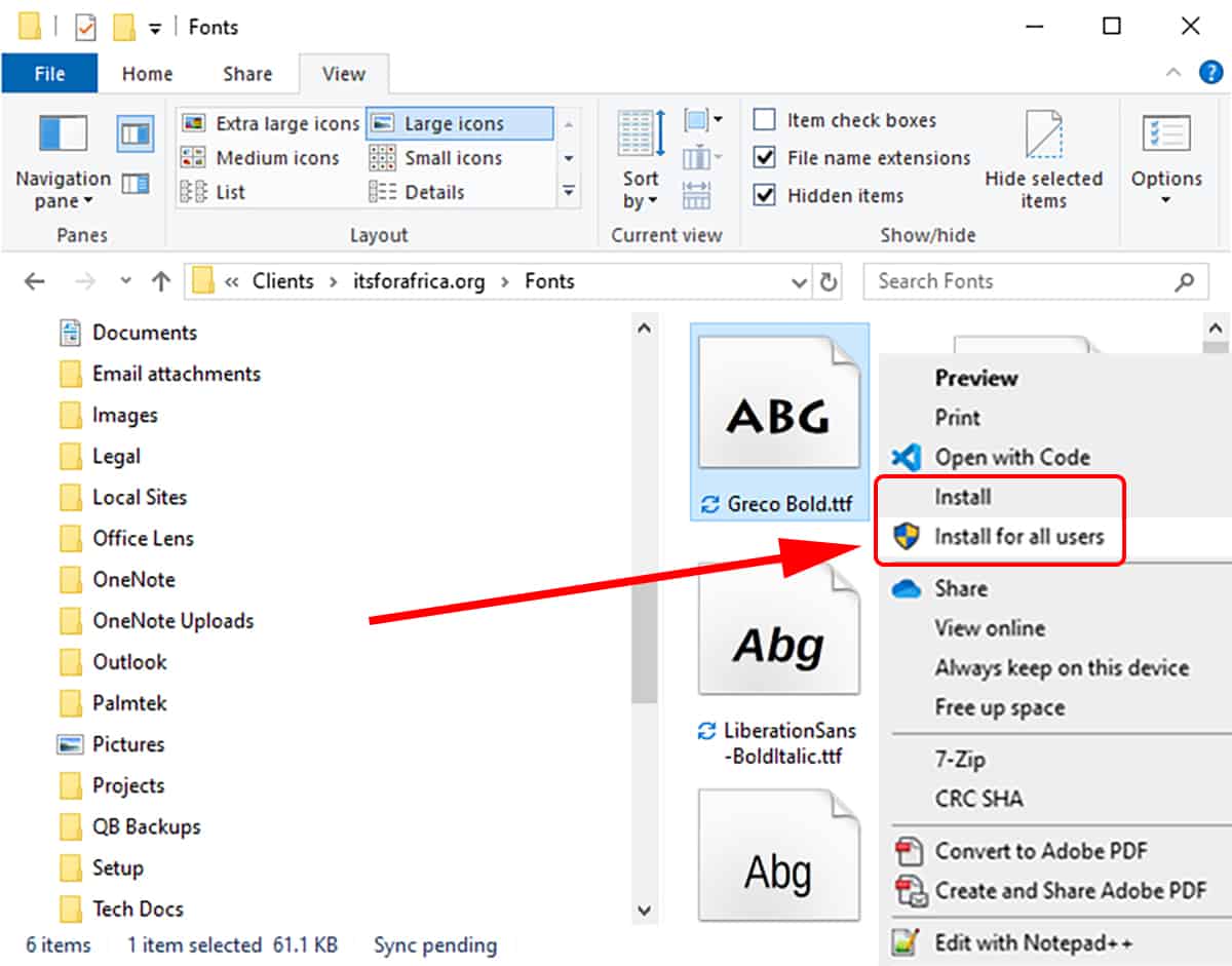 4. Right-Click font in folder to install