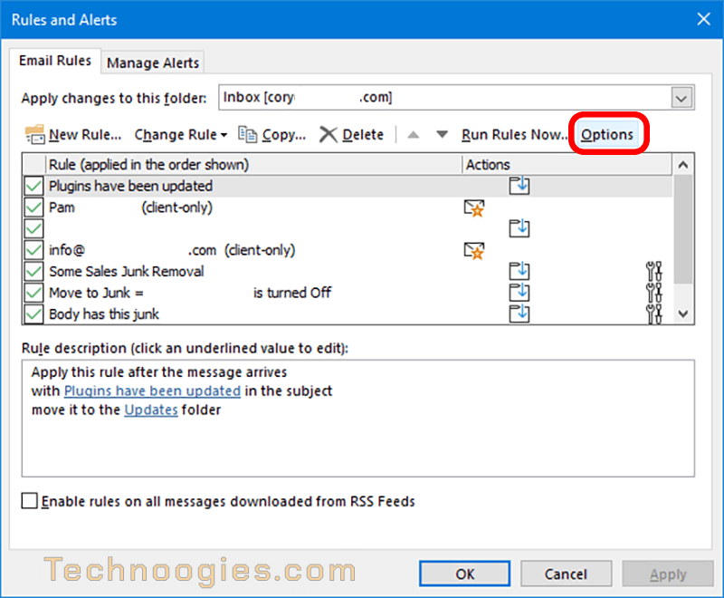 Rules and Alerts dialog