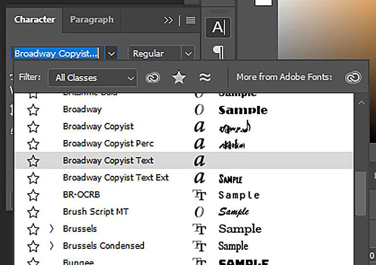 Preview font list for corrupt font.