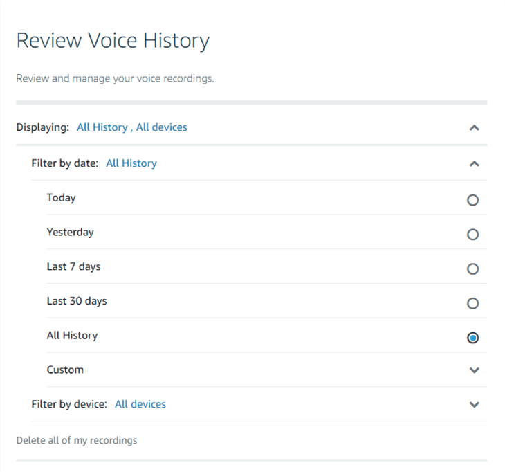 Amazon Alexa privacy settings to delete voice recordings.