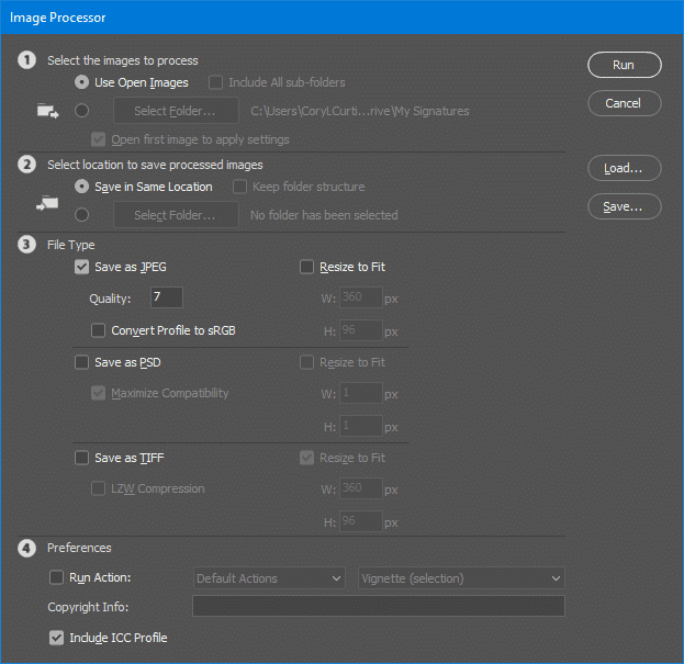 Photoshop Image Processor Dialog