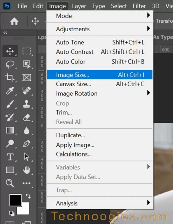 Screenshot of Adobe Photoshop's interface showcasing the Image menu dropdown with options like Image Size, Canvas Size, and Image Rotation. The "Image Size..." option is highlighted. The top menu bar features File, Edit, Image, and more for easy navigation.