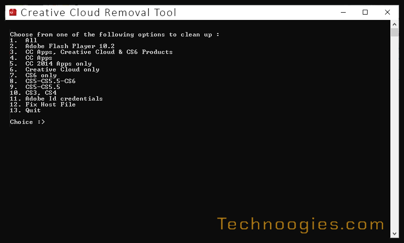 Adobe Creative Cloud Removal Tool option dialog screen 1.