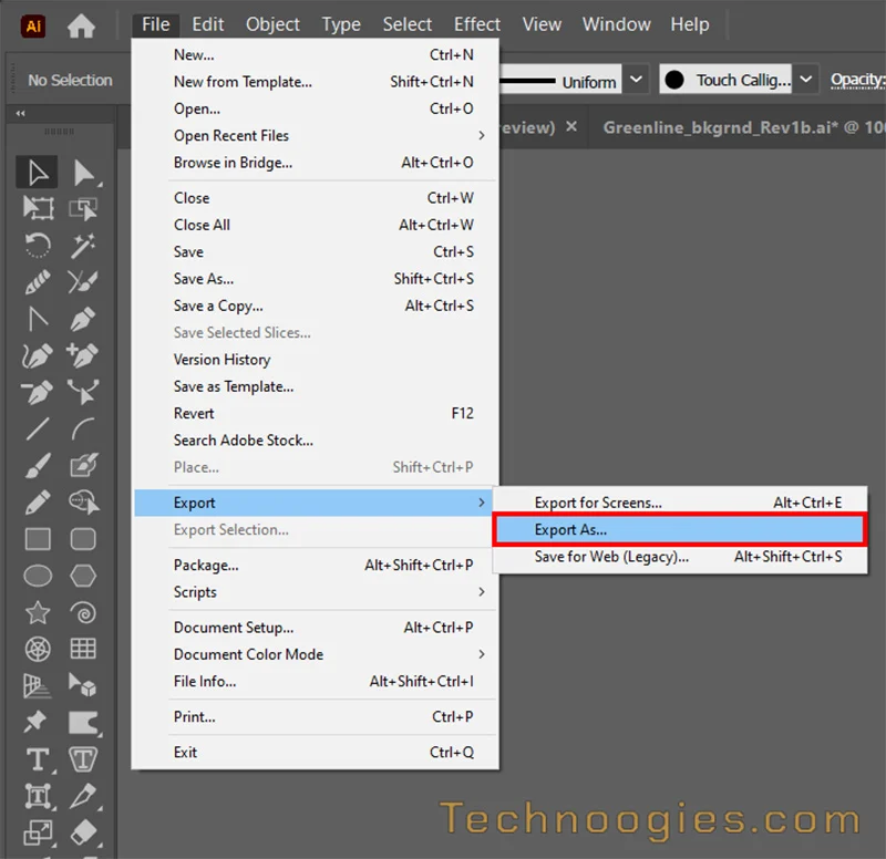 Screenshot showing the Adobe Illustrator menu to export a file as an SVG format
