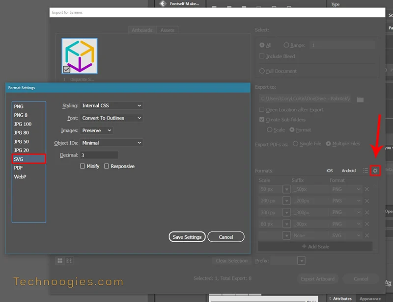 Adobe Illustrator export for screens dialog with global options for SVG files