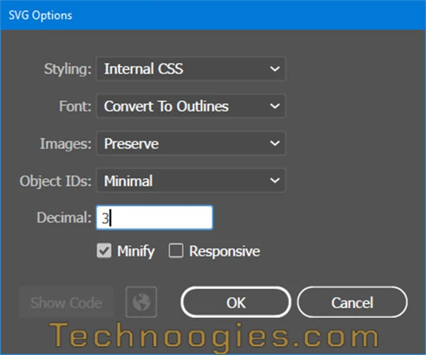 Adobe Illustrator SVG export options dialog showing various settings