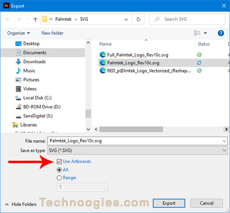 Adobe Illustrator file export dialog highlighting the option to use artboards for SVG export