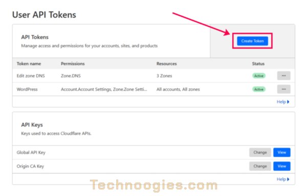 Cloudflare User API Tokens page. Listing user API tokens created. The token create button is in the top right.