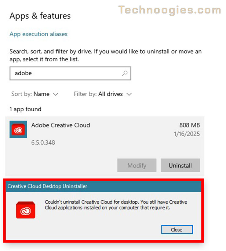 Screenshot of an app settings window showing Adobe Creative Cloud selected for uninstallation. A warning box below states: &ldquo;Couldn't uninstall Creative Cloud for desktop. You still have Creative Cloud applications installed on your computer that require it.&rdquo;.