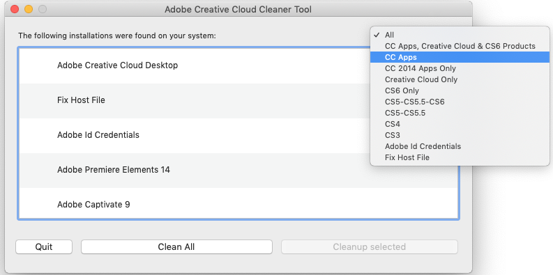 Upper right menu dialog in Abobe Creative Cloud Cleaner Tool for Mac.