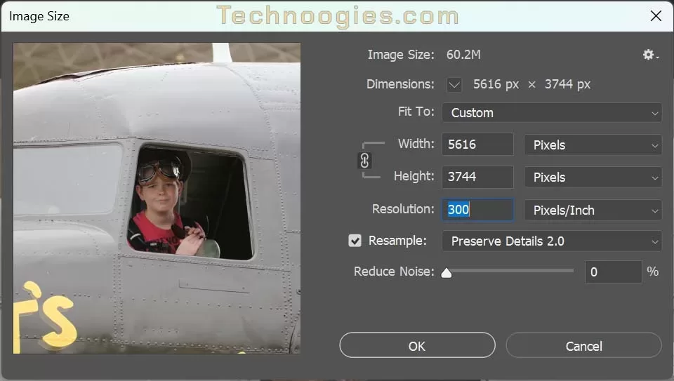 A person in a red shirt and goggles is visible through the airplane window, framed by the Adobe Photoshop Image Export size settings dialog. The software window showcases image dimensions and resolution, seamlessly integrating with the photo.