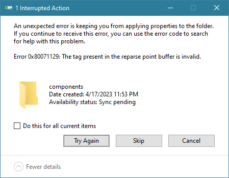 reparse point error 0x80071129 moving onenote files offline to dree up space.