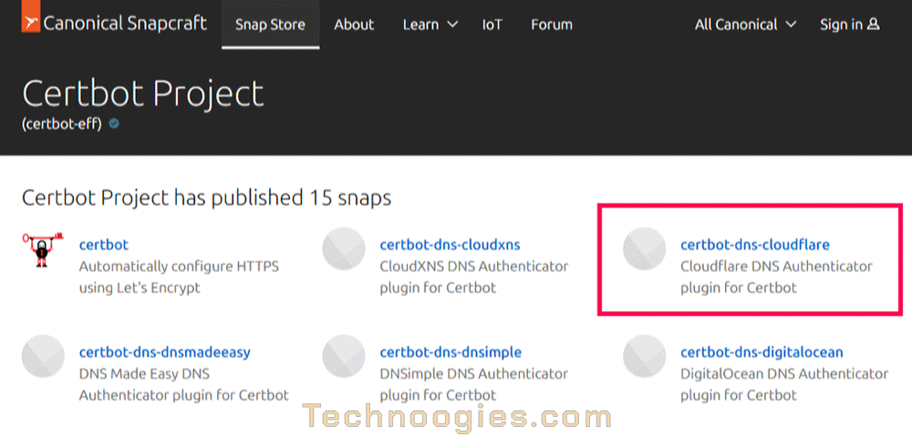 Snapcraft Certbot Plugins Page, select Cloudflare