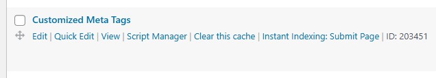 A WordPress website interface displaying options for Customized Meta Tags, featuring checkboxes and links for editing, quick editing, viewing, script manager, clearing cache, instant indexing, and submitting a page.